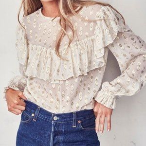 LoveShackFancy Erin Metallic Ruffled Silk Blend Top in Cream size Small